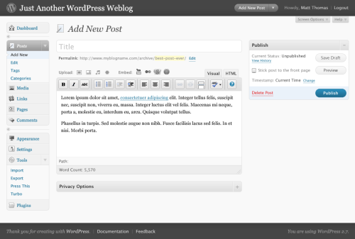 Dashboard WordPress 2.7